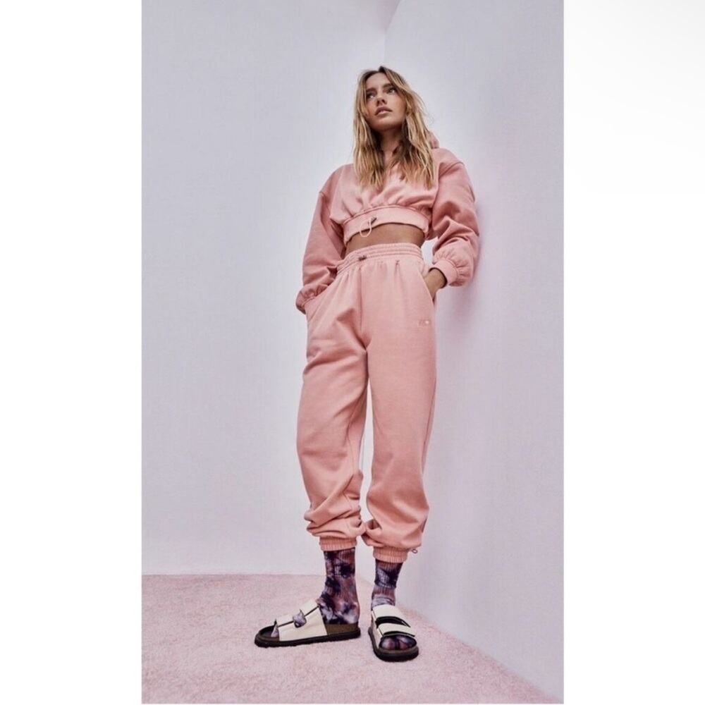 NWT For Love & Lemons Josie Hooded Crop Sweatshirt & Jogger 2Pc Set Pink Medium